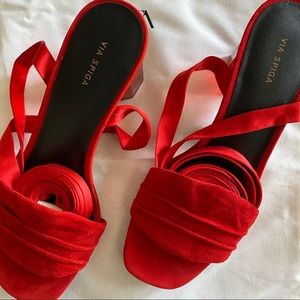 Fabulous red open toed sandals with ankle tie